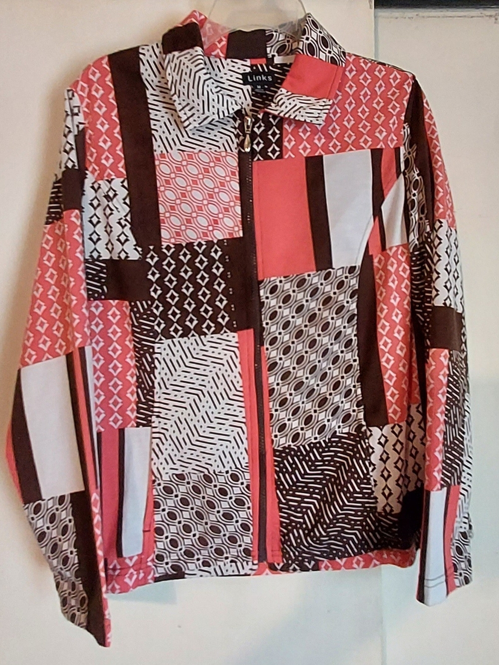 Vintage Links Geometric Patchwork Print Full Zip Jacket Coral Brown Size M